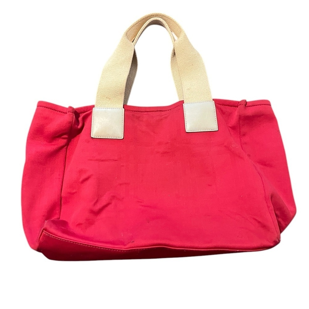 BURBERRY Red Canvas Ivory Fabric Leather Handles Satchel Tote Bag Made in Italy - Picture 2 of 16